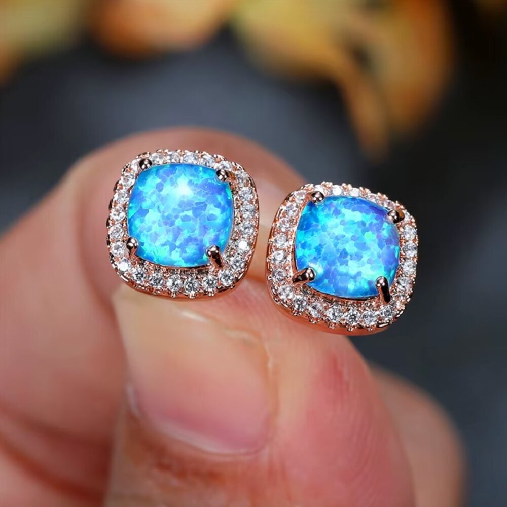 NEW 18k Rose Gold Blue Opal Diamond Earrings Cushion Cut Stud Earrings